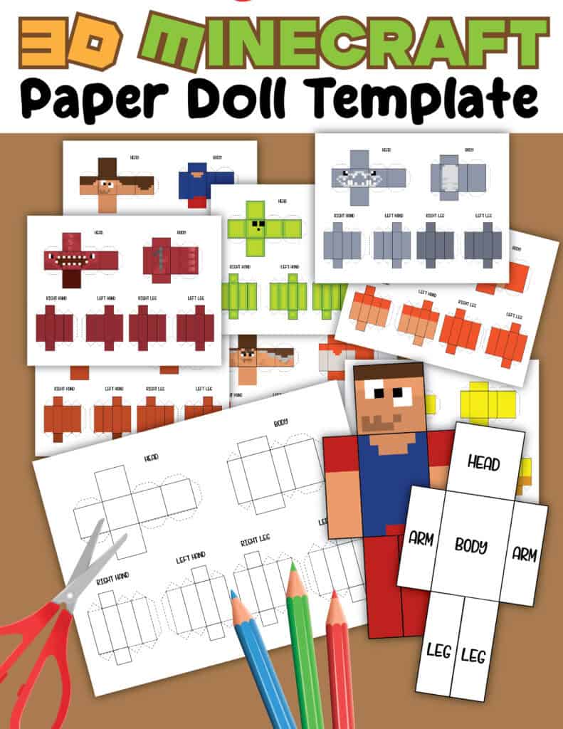 3D Minecraft Paper Doll Template with blank and colorful characters