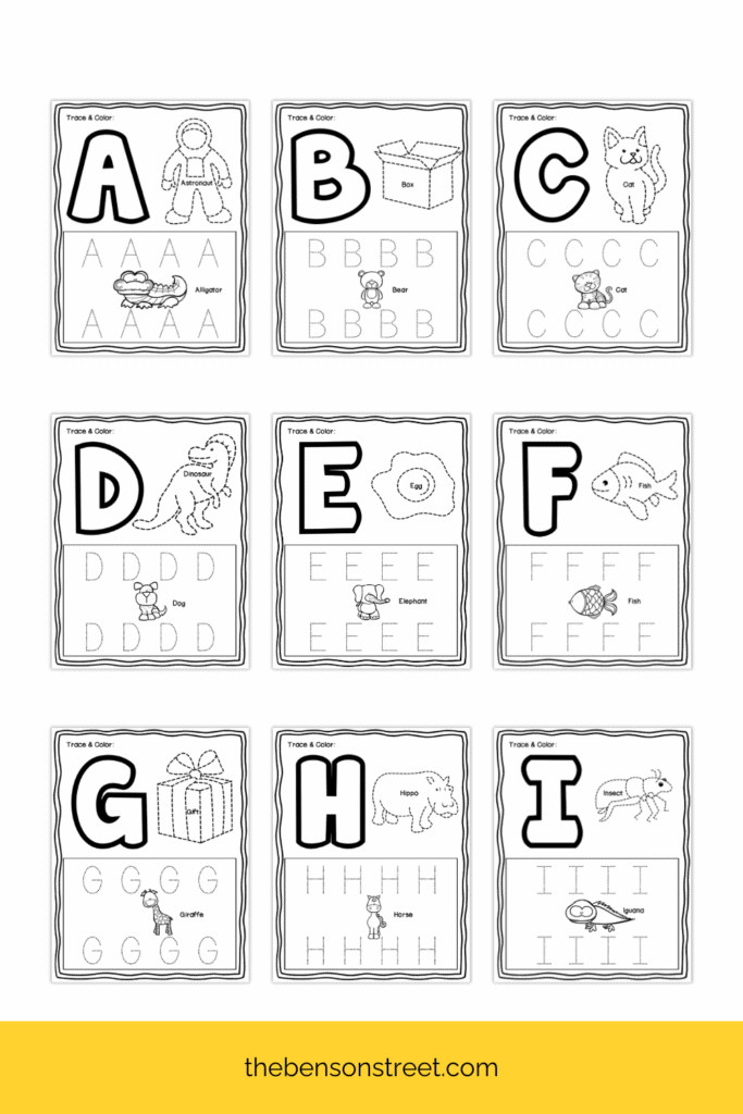 Nine different letter pages for ABC trace and color worksheets