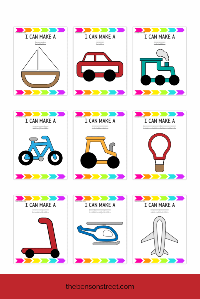 Nine different vehicles for transportation playdough mats