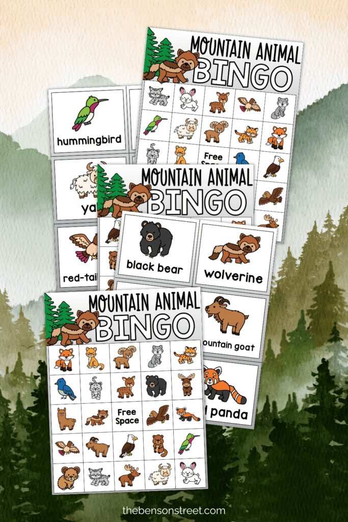 Pages from a free printable mountain animal bingo game with bingo boards and calling cards