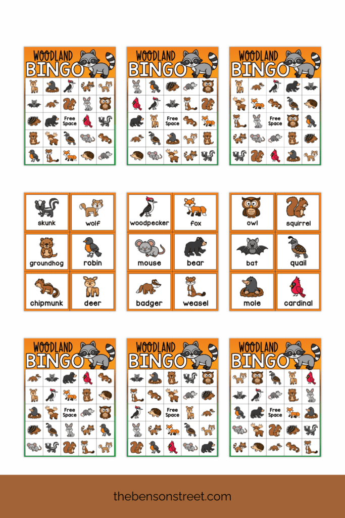 Pages of free printable woodland bingo boards and calling cards