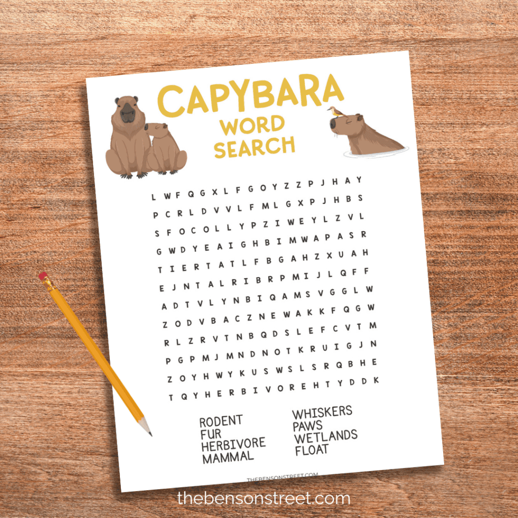 Quick and easy free printable capybara word search for kids 