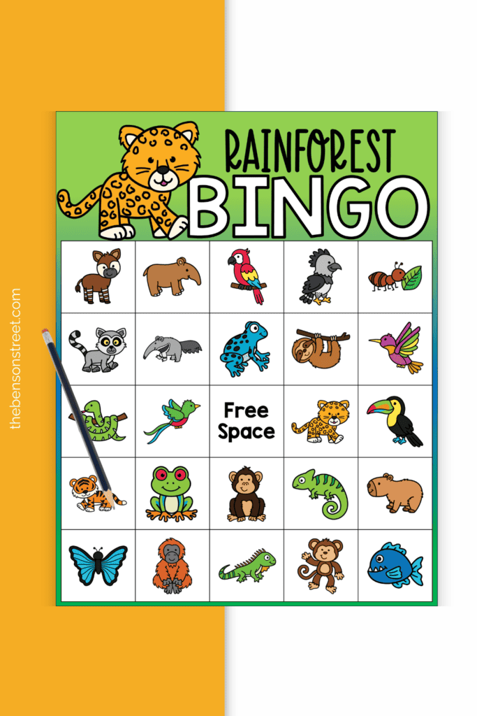 Rainforest Bingo board with a pencil on top