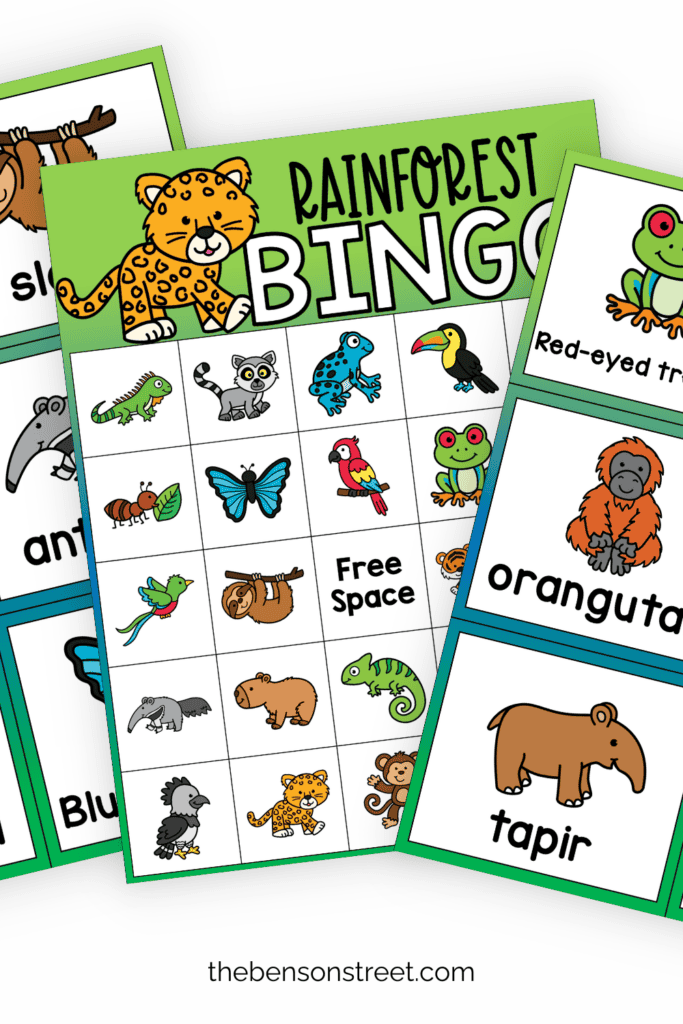 Rainforest Bingo game with calling cards and unique boards