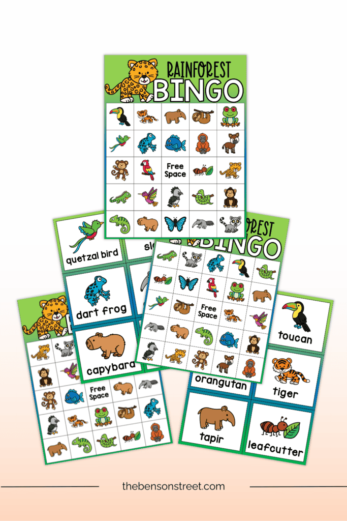 Rainforest bingo boards and calling cards for kids
