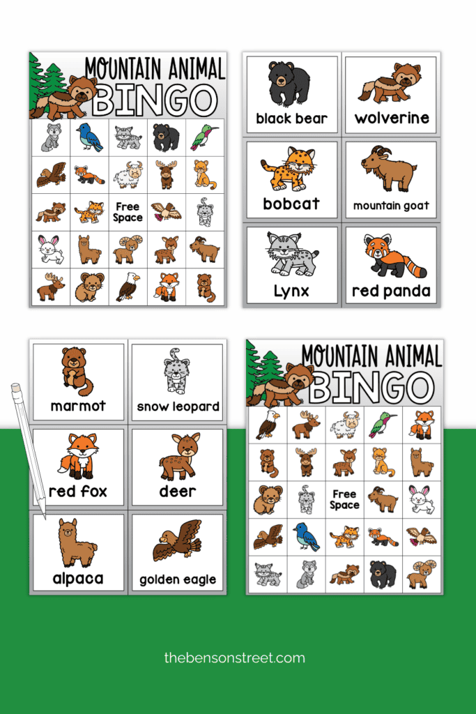 Sheets of bingo boards and calling cards for Mountain Animal Bingo game free printable