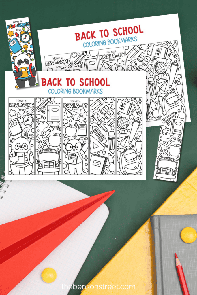 Sheets of five different bookmarks with a school theme