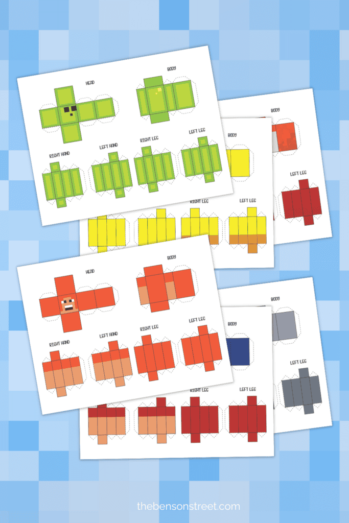 Six Different printable pages with 3d minecraft figures to make out of paper