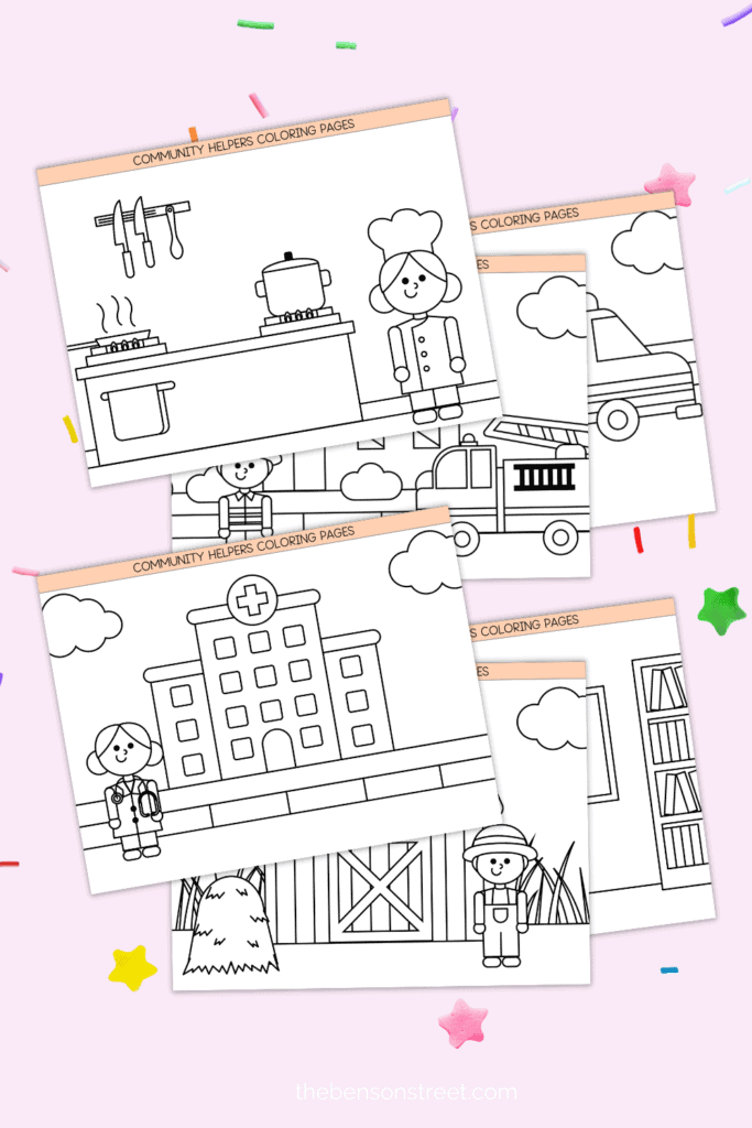 Six different community helpers coloring pages