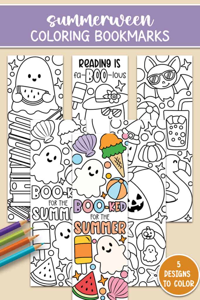 Flat Lay of coloring bookmarks for Summerween