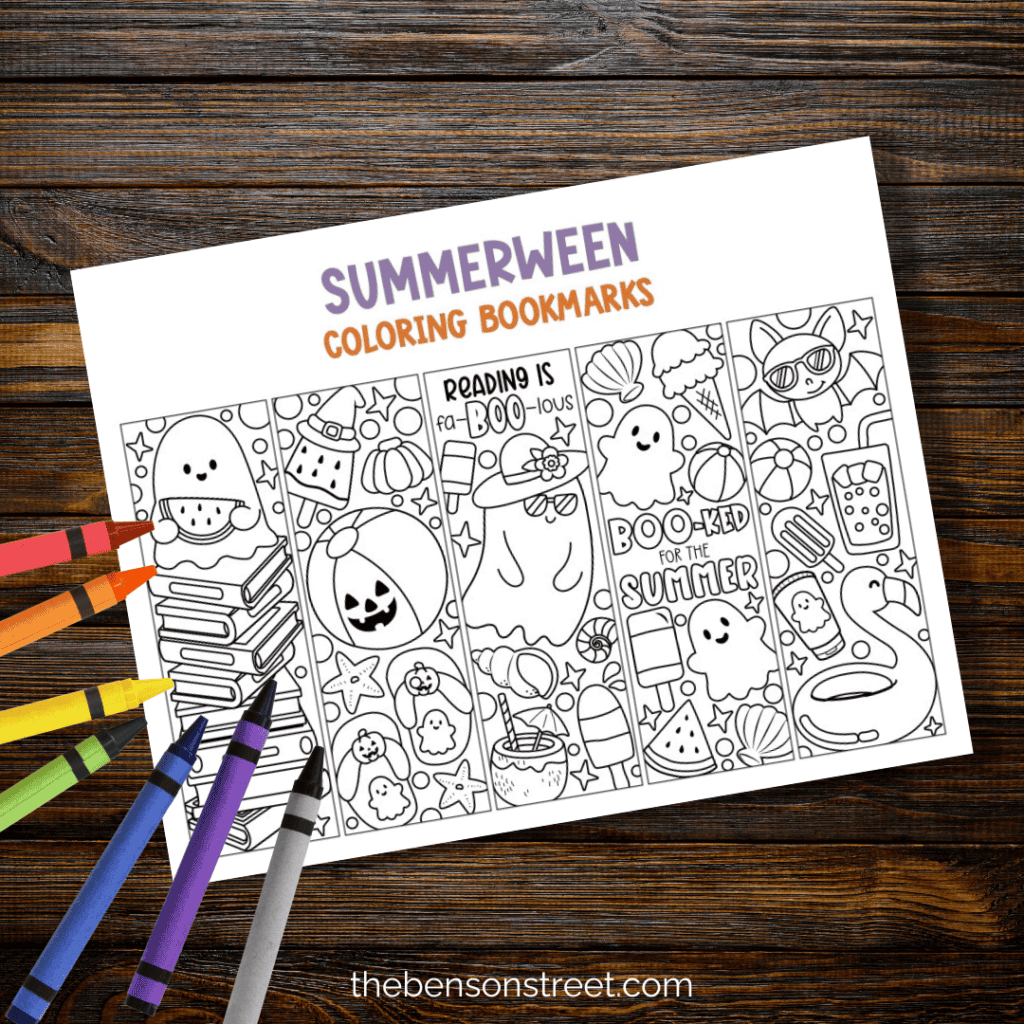 Summerween Coloring Bookmarks with crayons on top