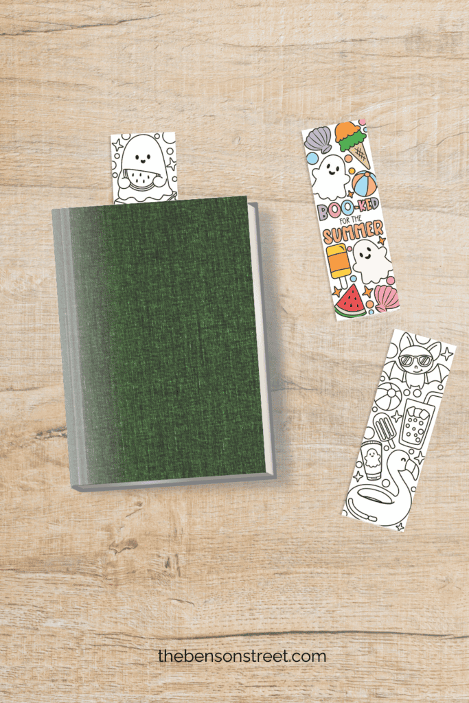 Summerween Coloring bookmarks on a table and in a book