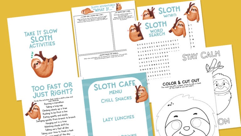 Take it slow sloth activities printed out on a flat lay