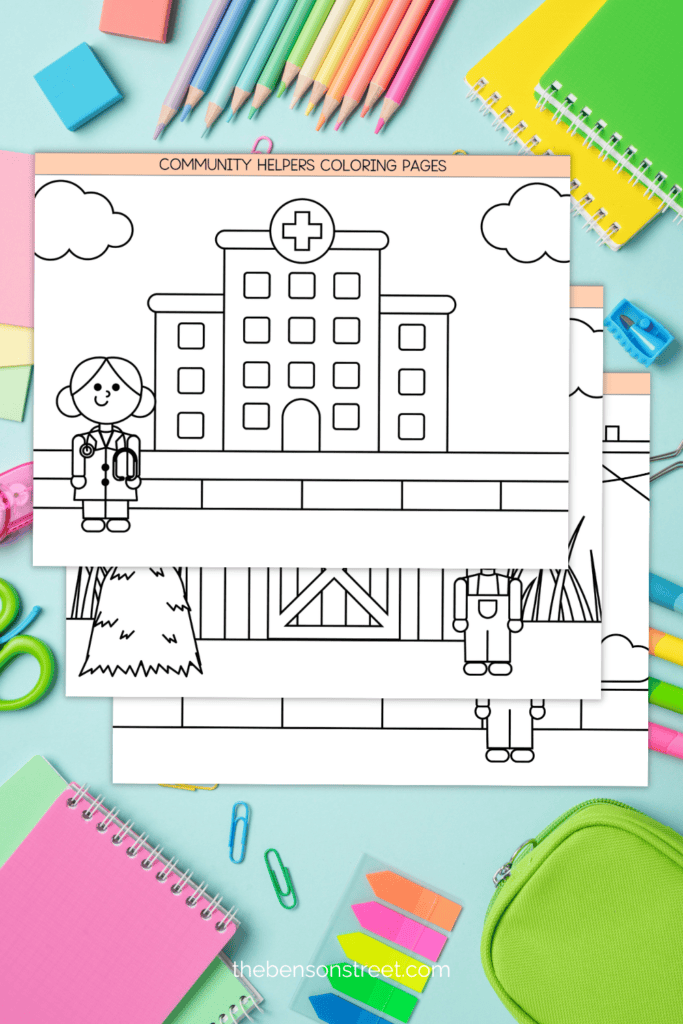 Three free coloring pages with community jobs featured