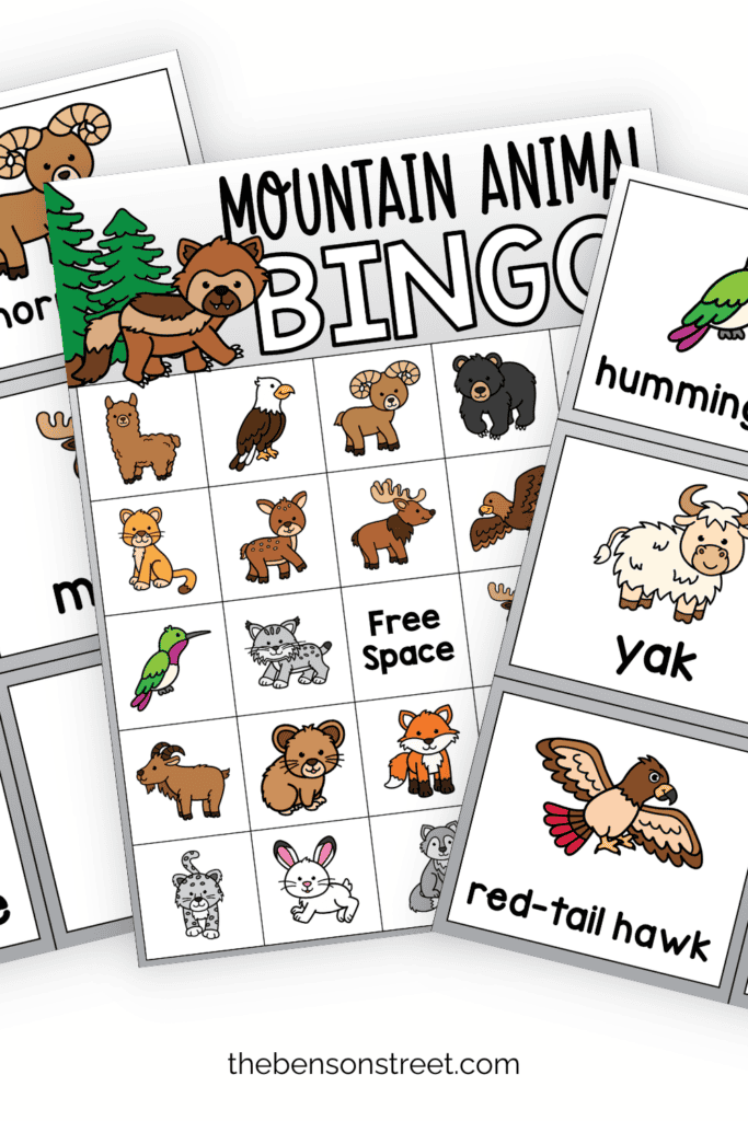 Three pages included in a mountain bingo game featuring mountain animals