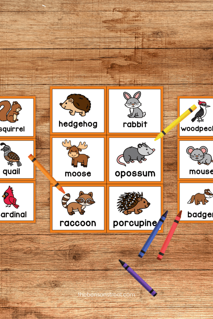Three pages of calling cards for a printable woodland bingo game