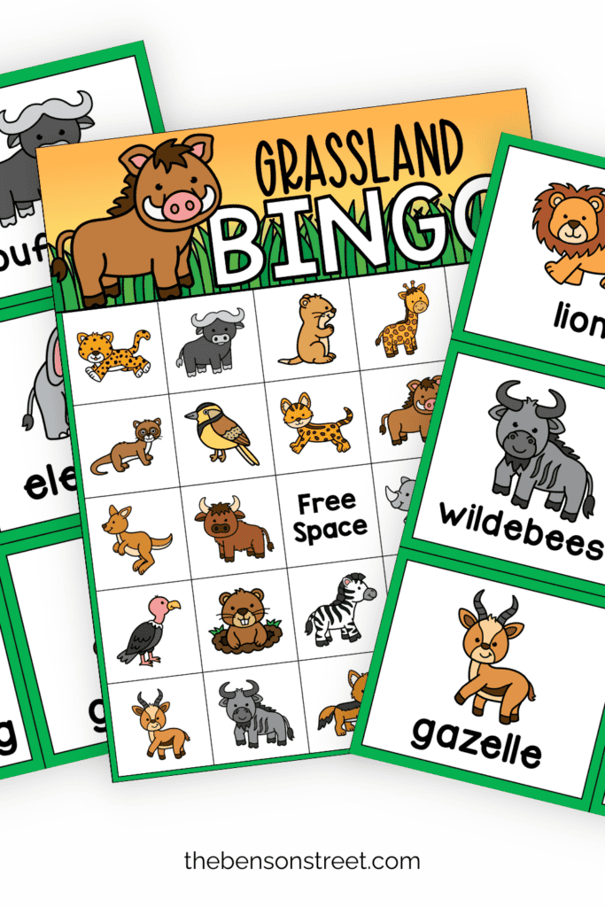 Three pages of grassland bingo game in a fanned out stack
