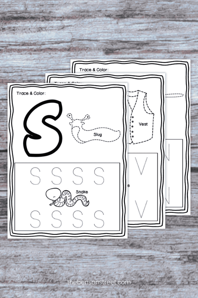 Three pages of letter tracing pages letters, and images for letter recognition