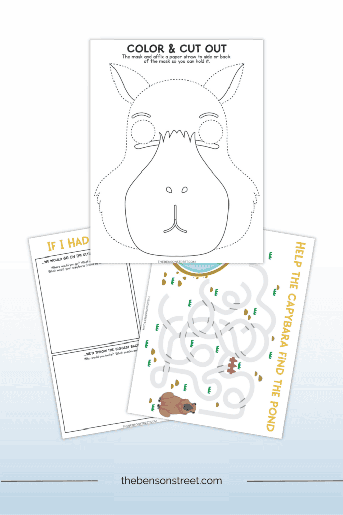 Three printable themed capybara activity pages