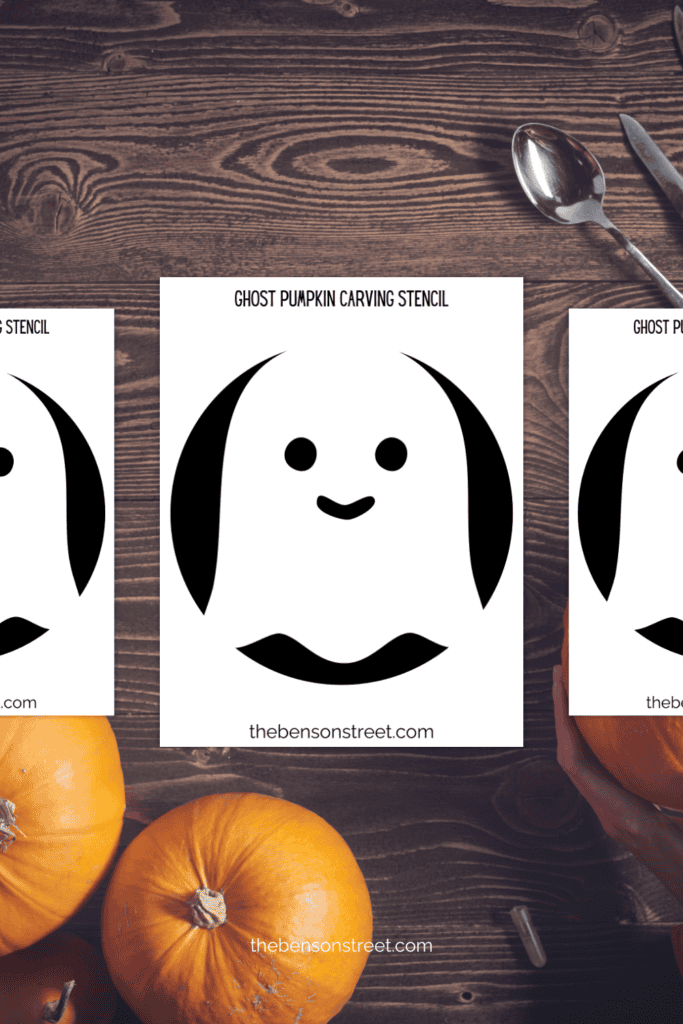 Three printed out sheets on a pumpkin carving flat lay with a ghost stencil