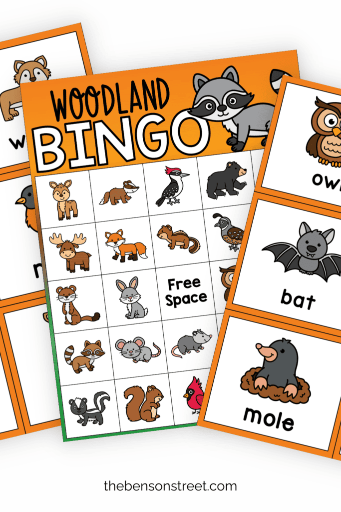 Three sheets in a woodland bingo game in a fanned out stack