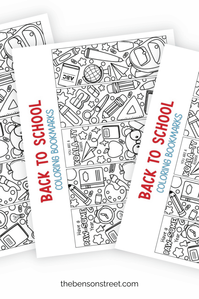 Three sheets of back to school coloring bookmarks to customize