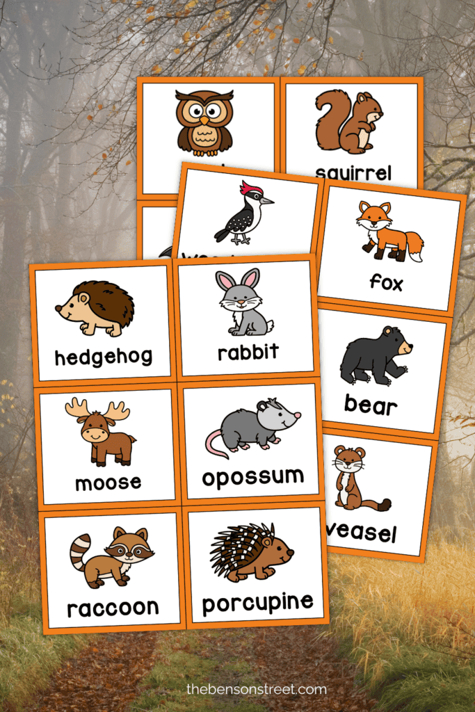 Three sheets of calling cards for a woodland bingo game