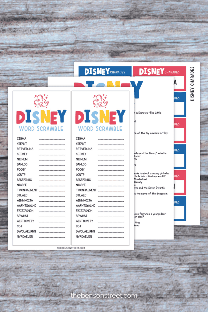 Three sheets of different disney printable games