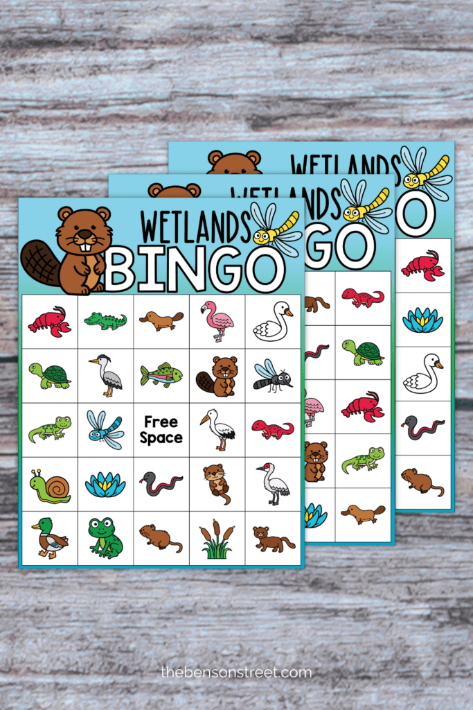Three sheets of free printable bingo boards with a wetlands theme