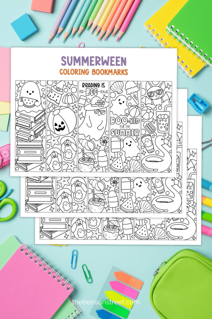 Three sheets of free printable summer ghost bookmarks and jack o'lanterns