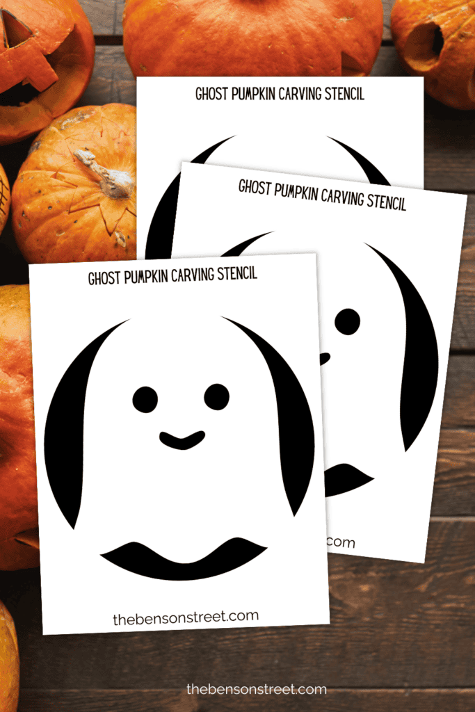 Three sheets of printabl ghost pumpkin stencils on a pumpkin background