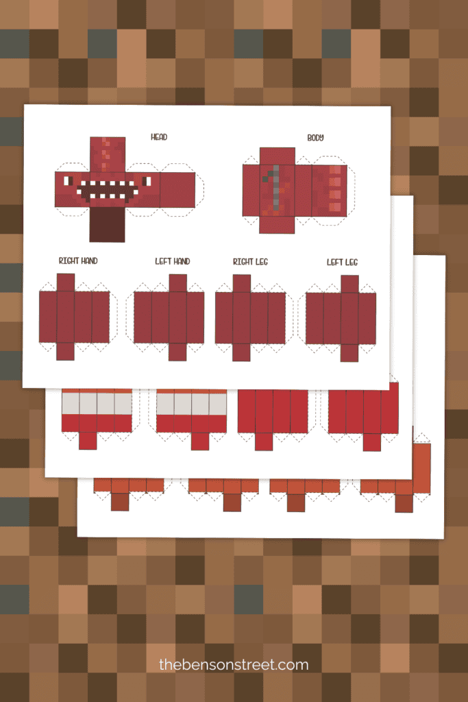Three sheets with pieces to cut out and make blocky characters out of inspired by minecraft
