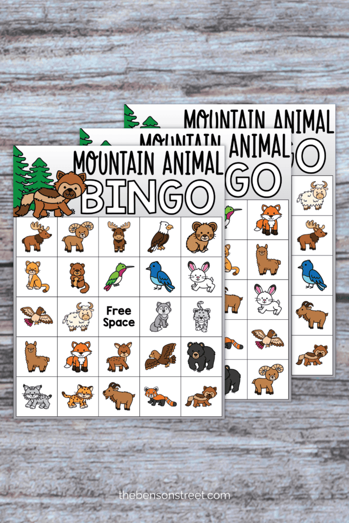 Three unique bingo boards featuring mountain animals for a fun game for kids