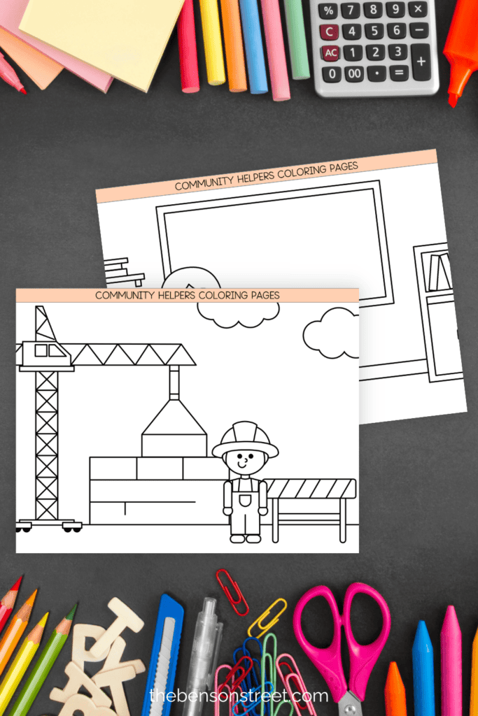 Two coloring pages one with a teacher and one with a construction worker