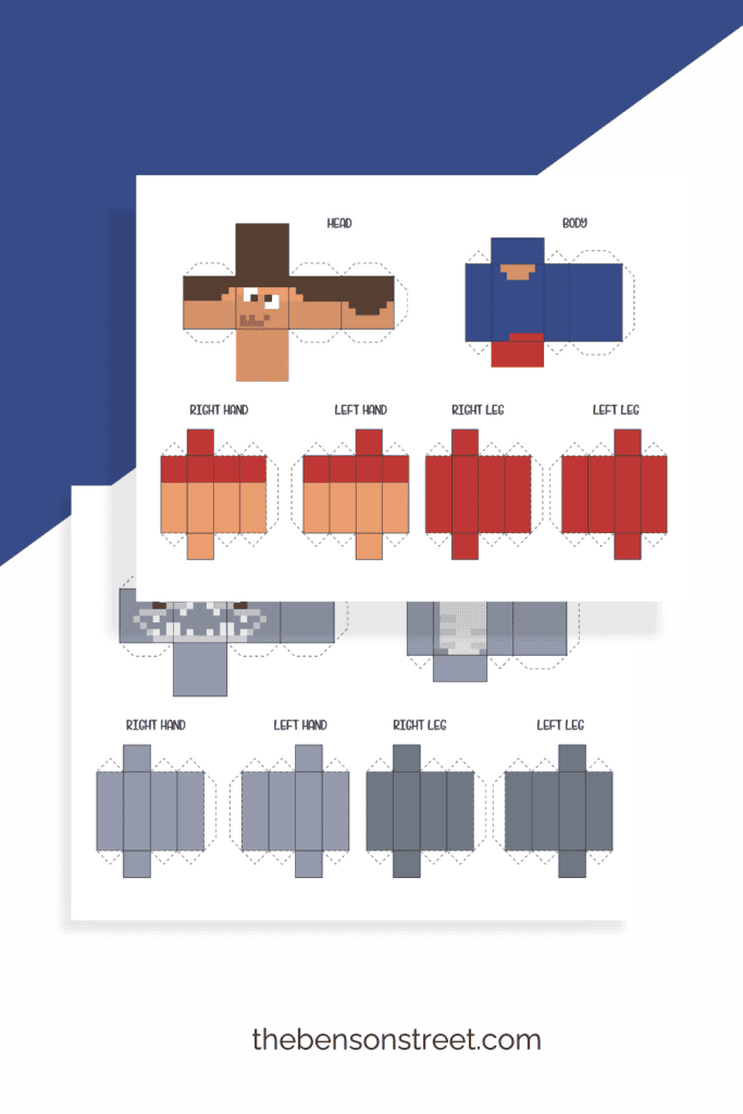 Two different minecraft style paper dolls to print, cut, fold and create