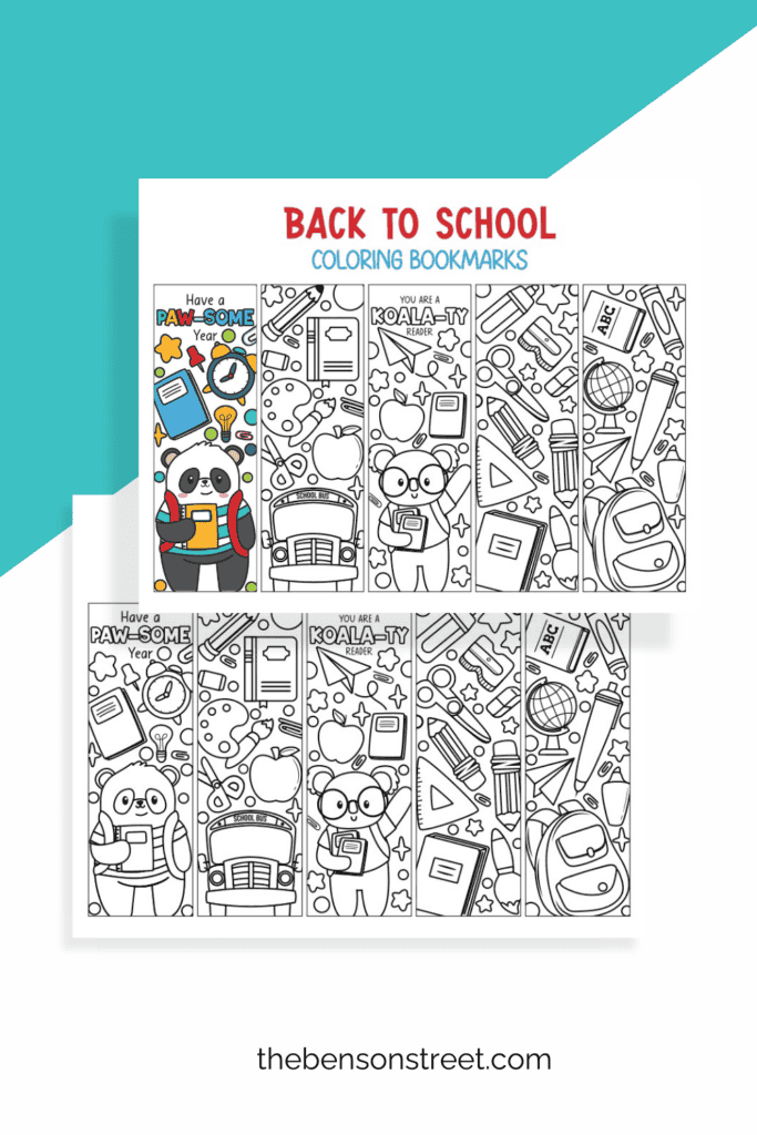 Two sheets of back to school themed bookmarks to color
