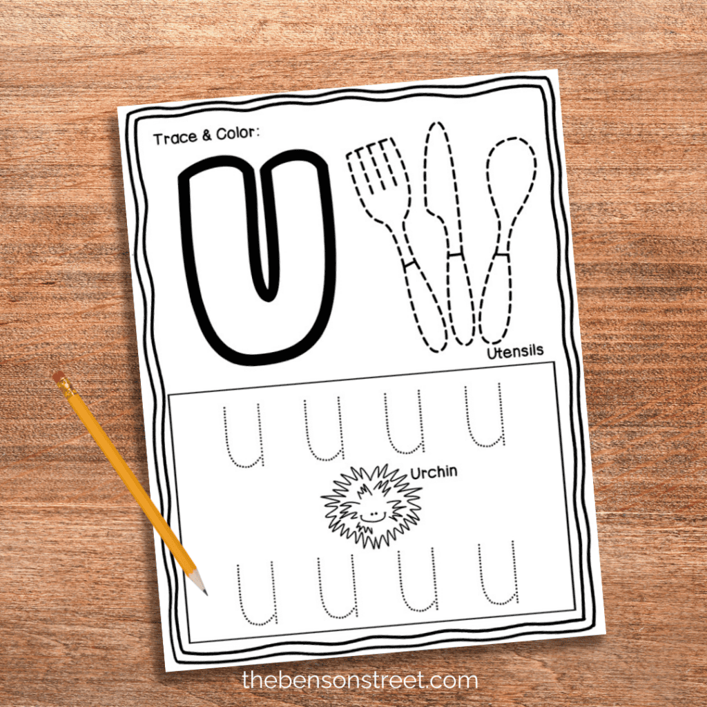 U trace and color page with utensils and an urchin