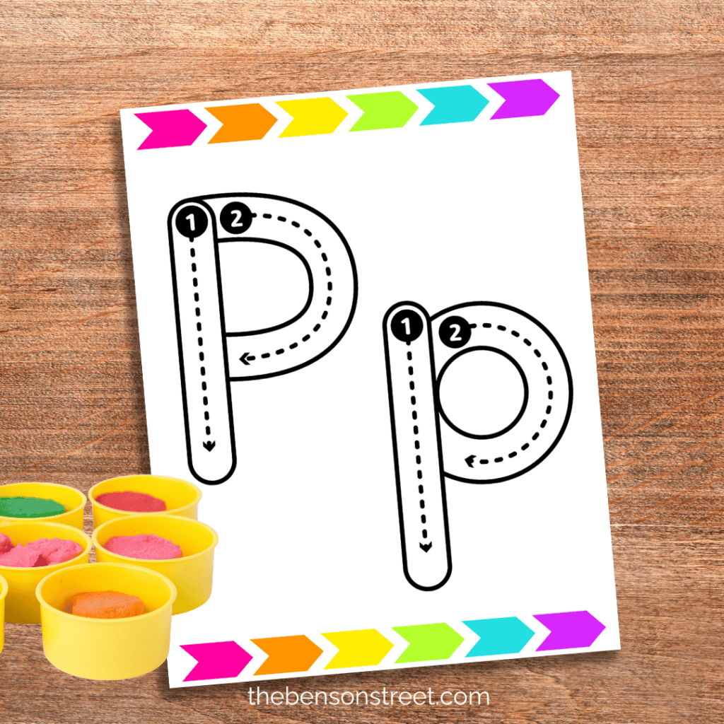 Uppercase and lowercase letter P playdough mat with dough by it