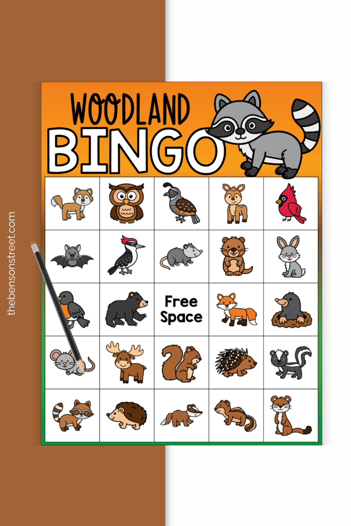 Woodland bingo game board with a free space in the center 