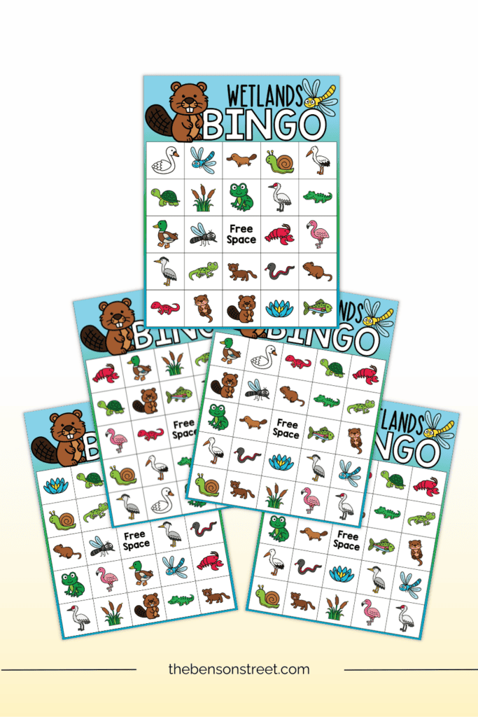 five unique bingo boards with a wetlands theme and animals