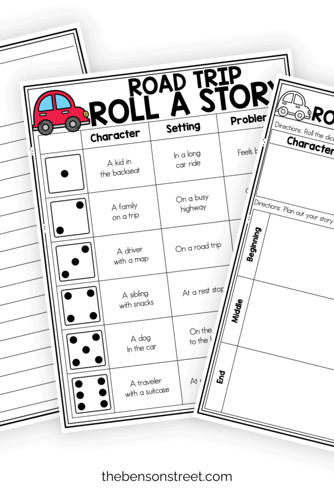 three sheets of road trip writing sheets with a roll a story idea