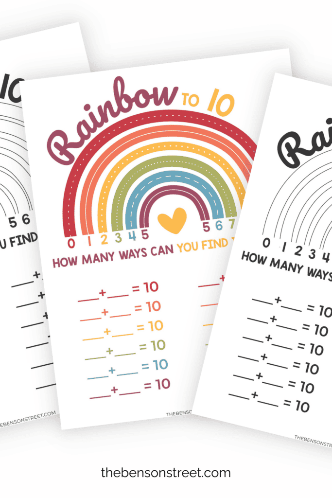 3 pages of Rainbow addition to 10 printable worksheet for kids