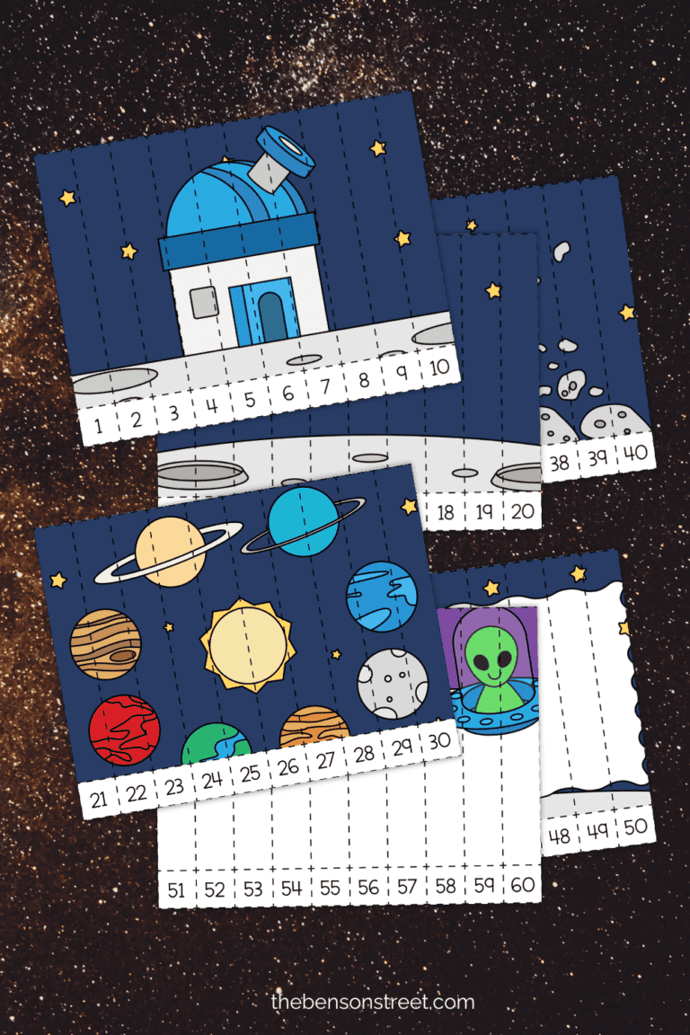 6 pages of space number puzzles for learning to count 1-100