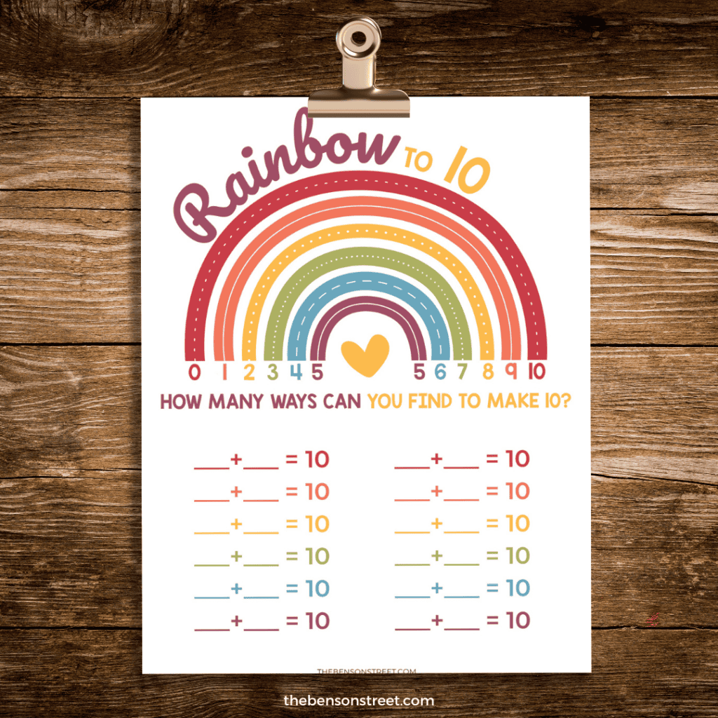 A clip with an addition worksheet with a rainbow to 10 theme 