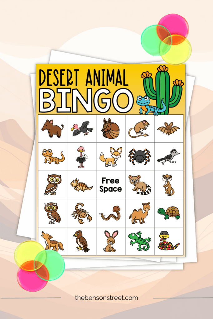 A desert themed bingo board with animals on the spaces