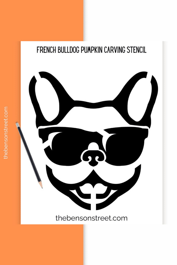 A frenchie dog face with sunglasses pumpkin carving stencil 