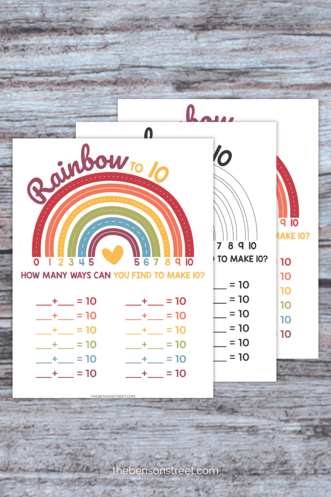 A table with three pages of printable worksheets of addition to ten with single digits