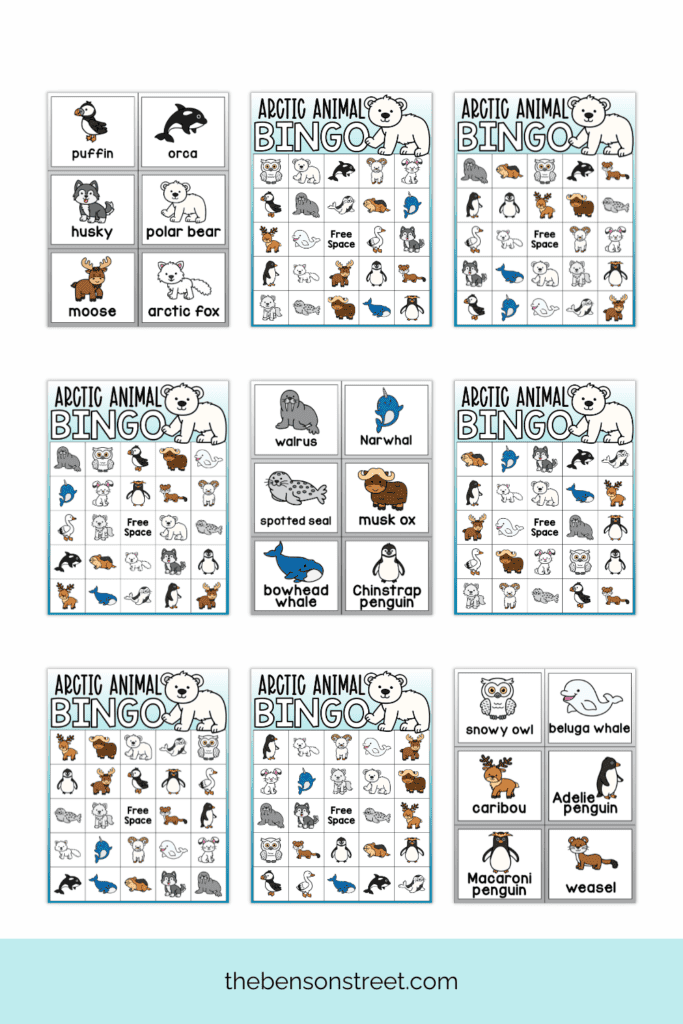 Arctic Animal Bingo Boards for kids to play a game