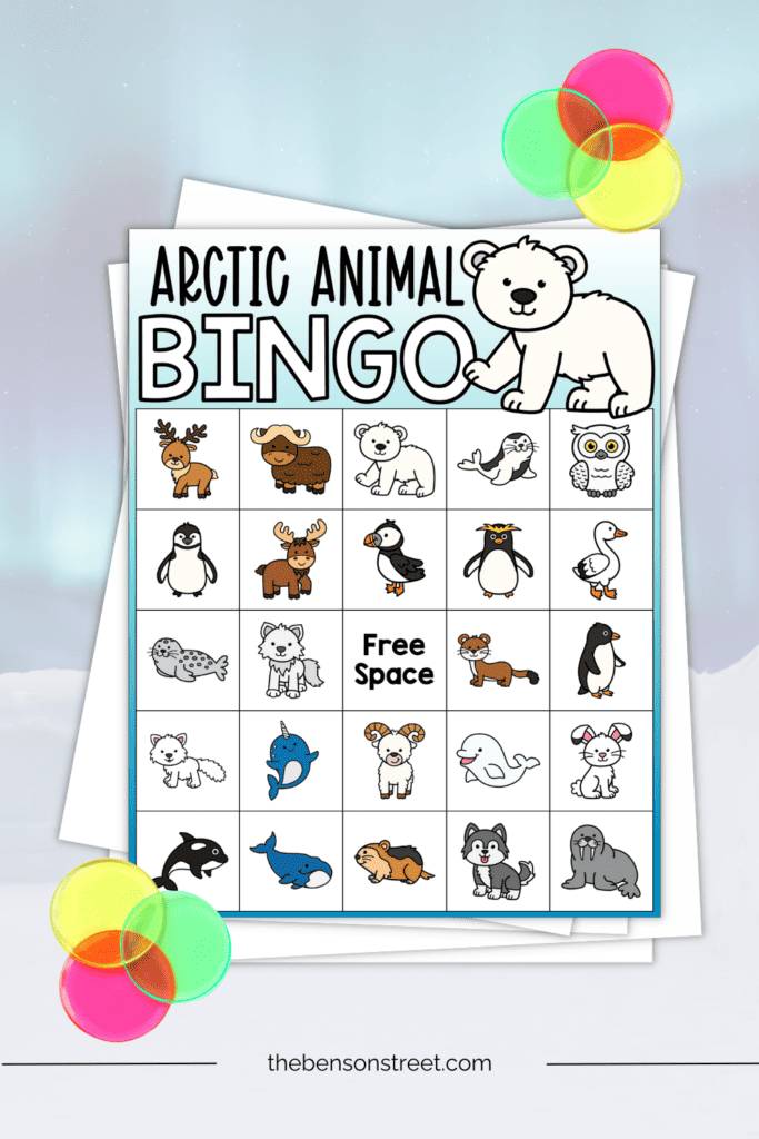 Arctic Animal Bingo board with bingo chips