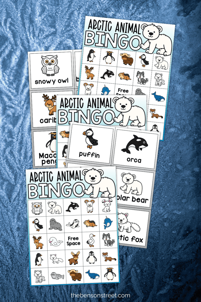 Arctic animal bingo pages on a snowy background
